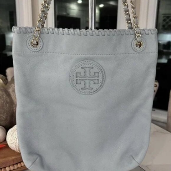 Tory Burch Periwinkle Blue Whipstitch-Trimmed Leather Shoulder Bag EUC - Picture 2 of 12